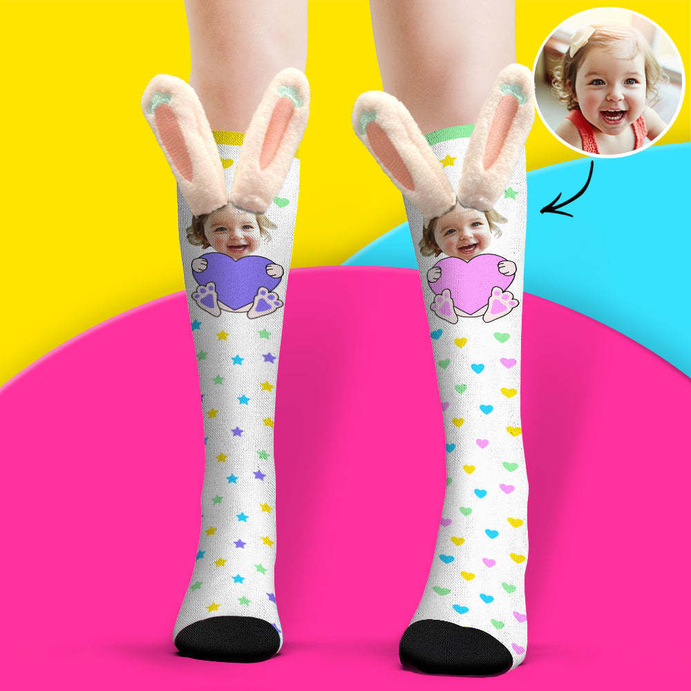 Custom Socks Knee High Face Socks 3D Plush Bunny Ears Socks - MyFaceSocksAu