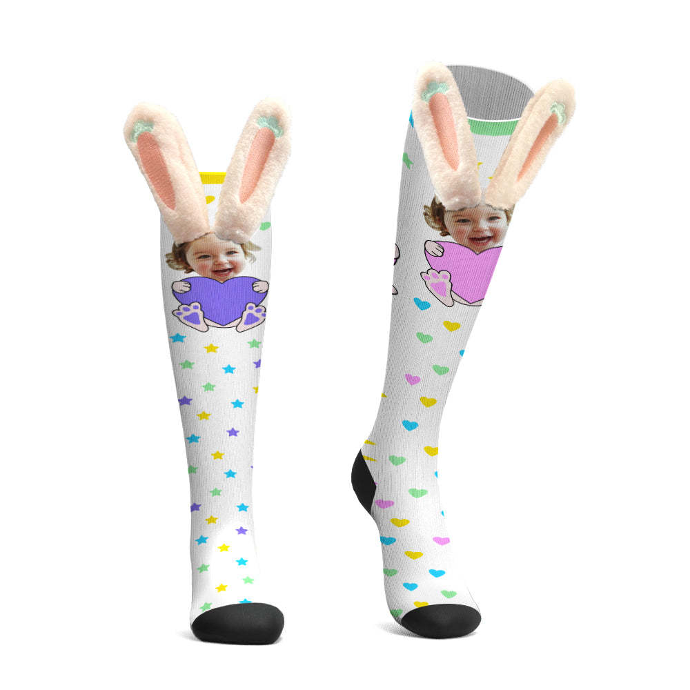 Custom Socks Knee High Face Socks 3D Plush Bunny Ears Socks - MyFaceSocksAu