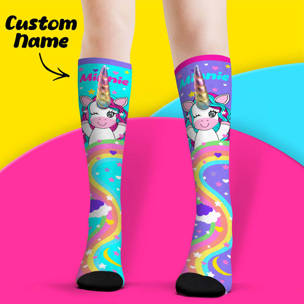 Custom Name Socks Knee High Socks 3D Unicorn Horn Cartoon Socks - MyFaceSocksAu