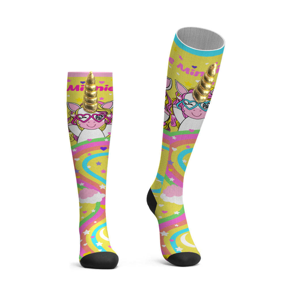 Custom Name Socks Knee High Socks 3D Unicorn Horn Cartoon Socks - MyFaceSocksAu