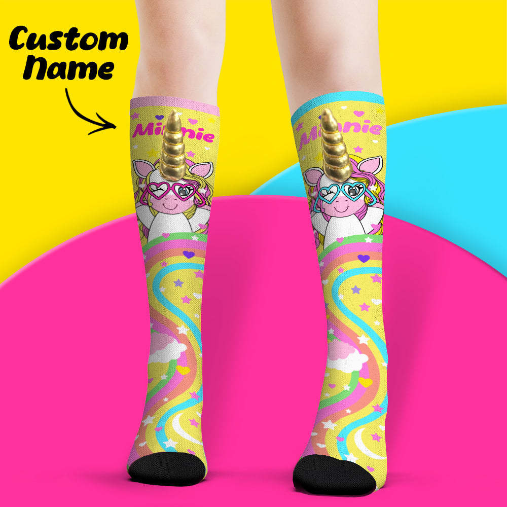 Custom Name Socks Knee High Socks 3D Unicorn Horn Cartoon Socks - MyFaceSocksAu