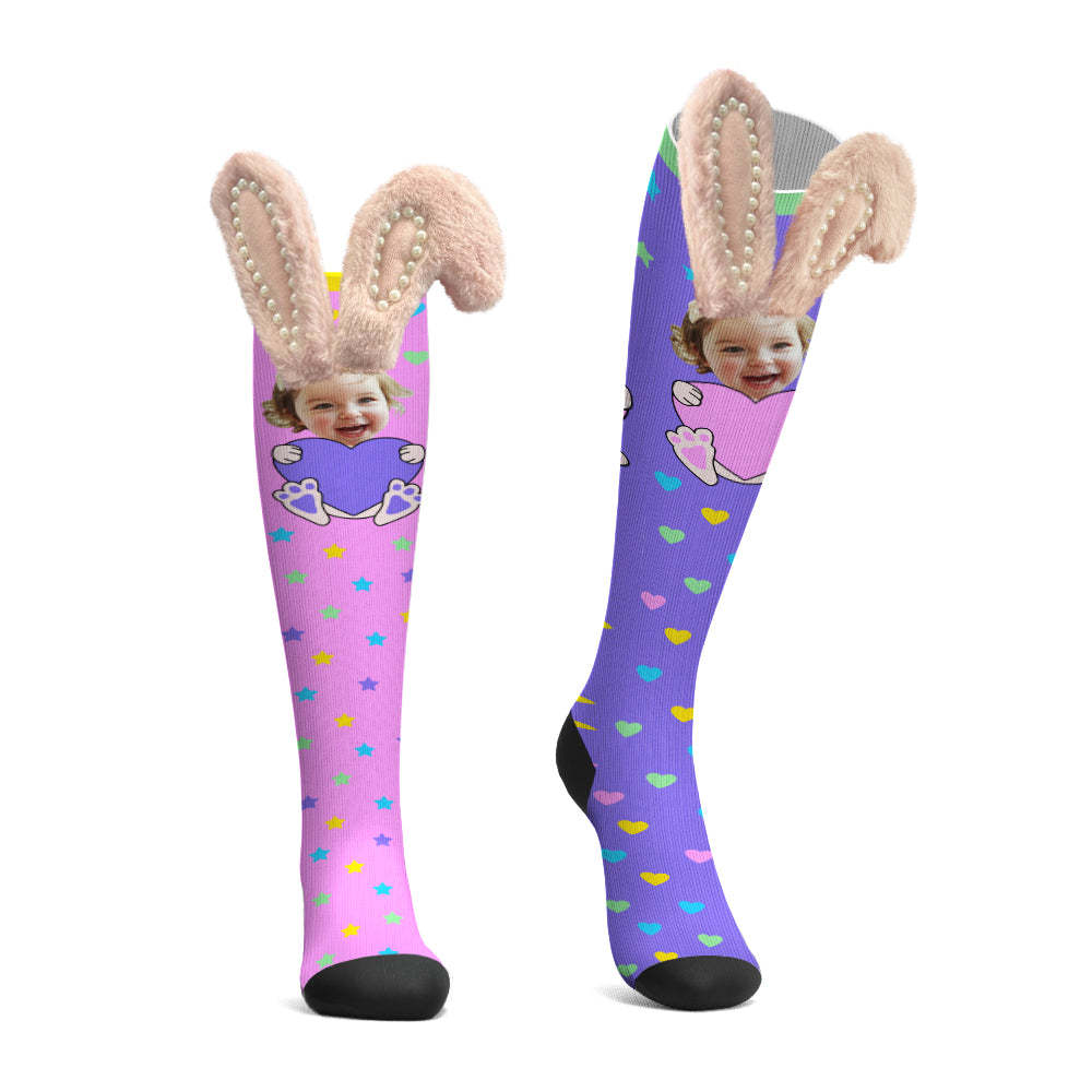 Custom Socks Knee High Face Socks 3D Bunny Ears with Pearls Socks - MyFaceSocksAu