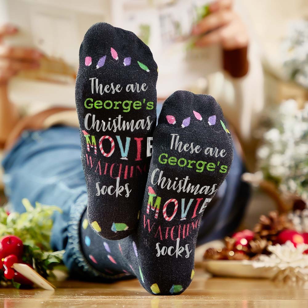 Custom Name Socks Personalized Christmas Light Socks Movies Watching Socks Merry Christmas - MyFaceSocksAu