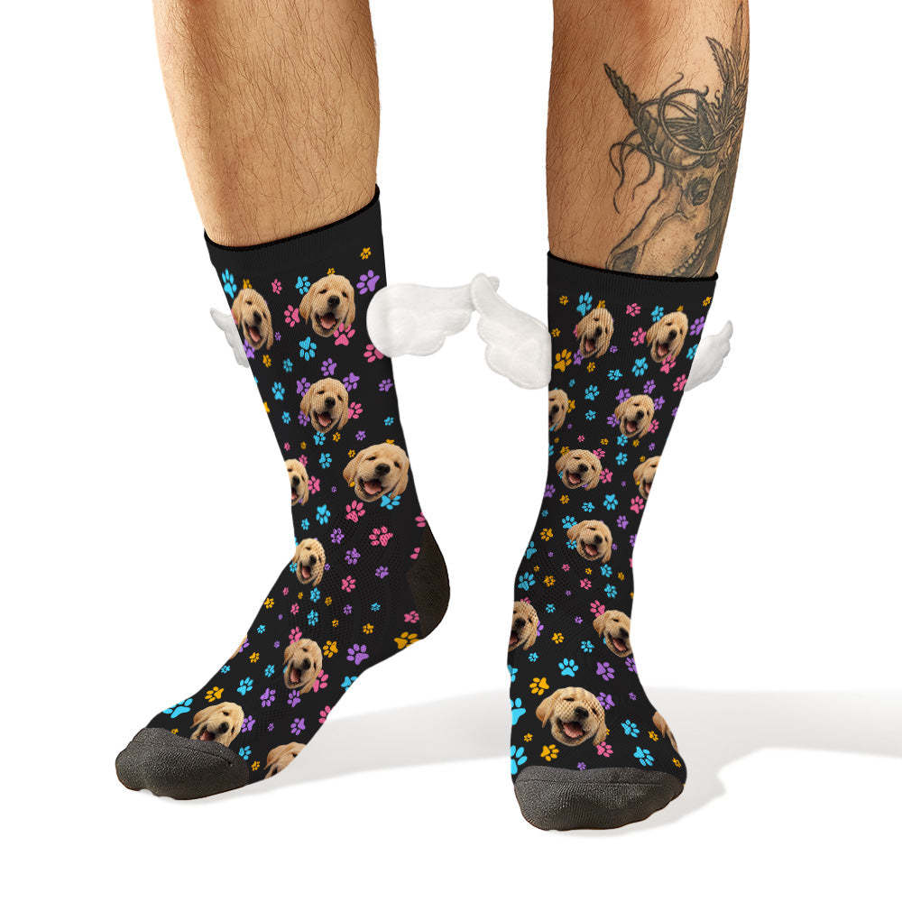 Custom Dog Face Socks Colorful Dog Paw Prints 3D Magnetic Wing Socks for Pet Lover - MyFaceSocksAu