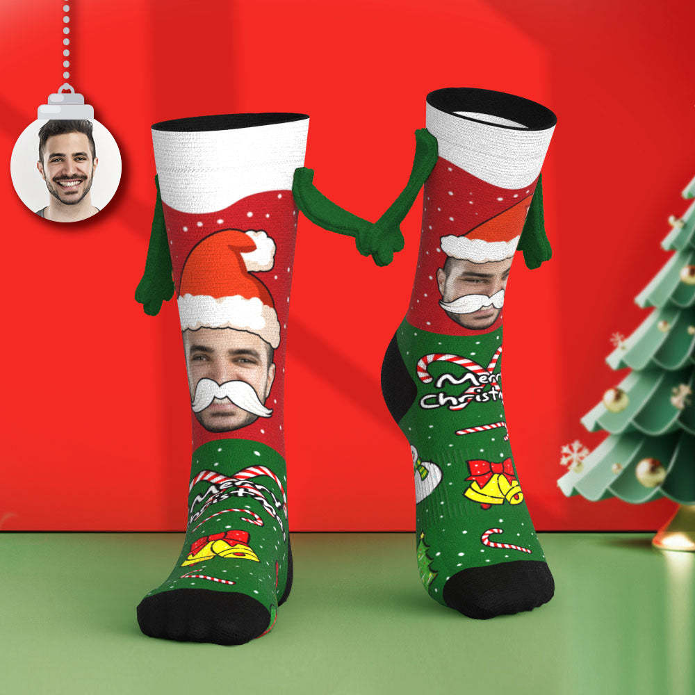 Custom Santa Claus Face Socks Funny Doll Mid Tube Socks Magnetic Holding Hands Socks Merry Christmas - MyFaceSocksAu