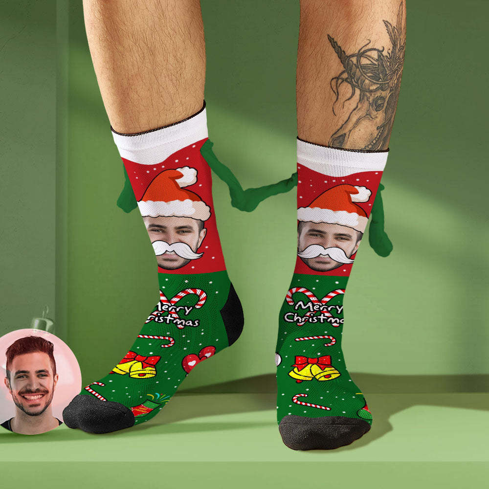 Custom Santa Claus Face Socks Funny Doll Mid Tube Socks Magnetic Holding Hands Socks Merry Christmas - MyFaceSocksAu