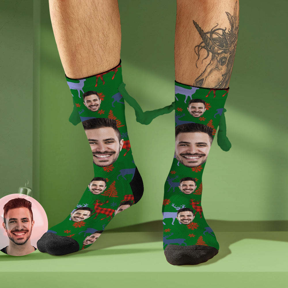Custom Face Socks Funny Doll Mid Tube Socks Magnetic Holding Hands Socks Merry Christmas - MyFaceSocksAu