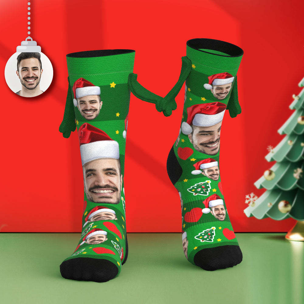 Custom Face Socks with Santa Hat Funny Doll Mid Tube Socks Magnetic Holding Hands Socks Christmas Gifts - MyFaceSocksAu