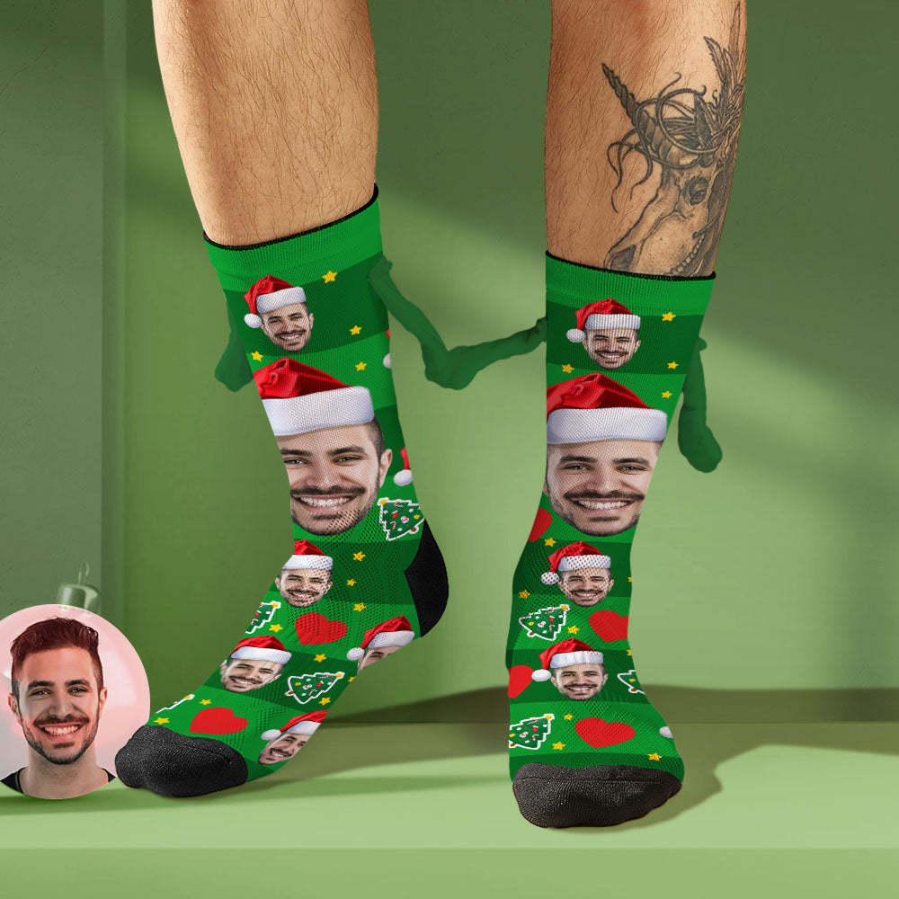 Custom Face Socks with Santa Hat Funny Doll Mid Tube Socks Magnetic Holding Hands Socks Christmas Gifts-MyFaceSocksAu