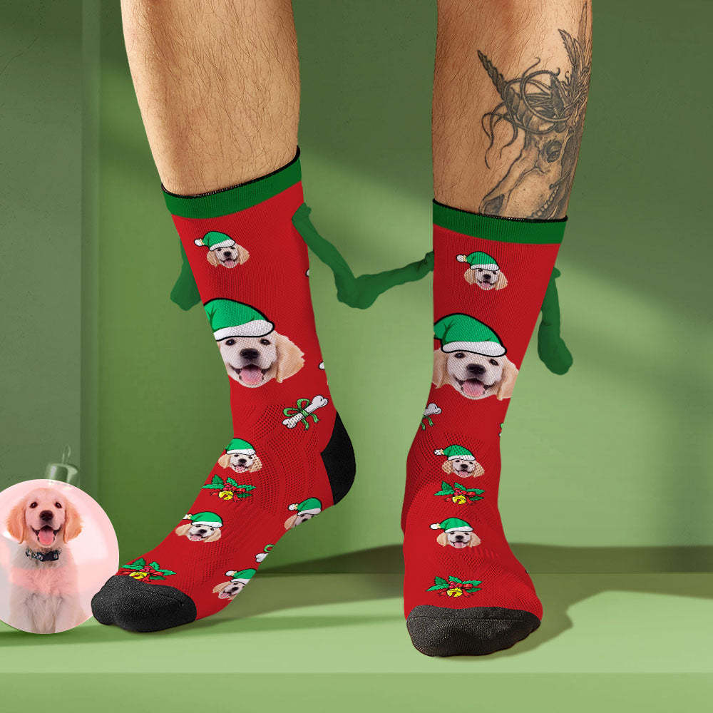 Custom Dog Face Socks with Santa Hat Funny Doll Mid Tube Socks Magnetic Holding Hands Socks Christmas Gifts - MyFaceSocksAu