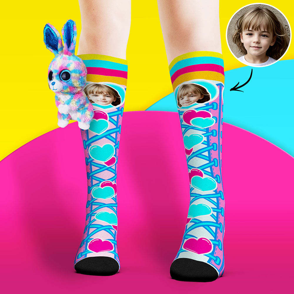 Custom Socks Knee High Face Socks Rabbit Doll Blue Love Heart Socks - MyFaceSocksAu