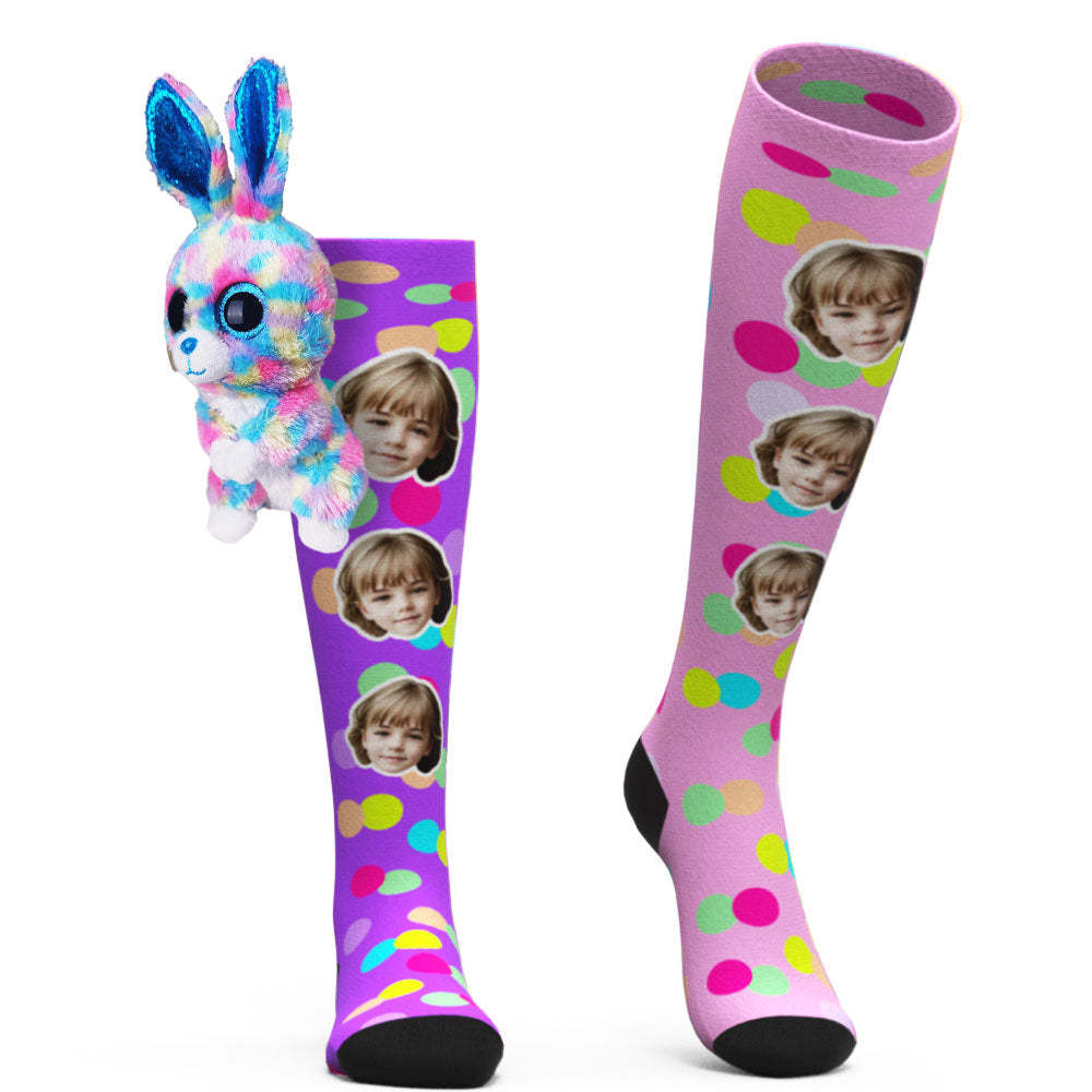 Custom Socks Knee High Face Socks Colorful Polka Dot Rabbit Doll Socks - MyFaceSocksAu