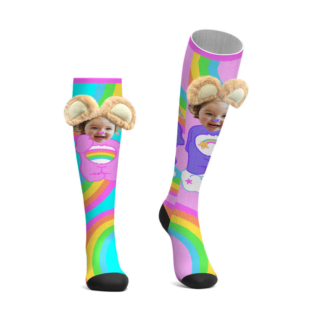 Custom Socks Knee High Face Socks 3D Plush Bear Ears Socks - MyFaceSocksAu