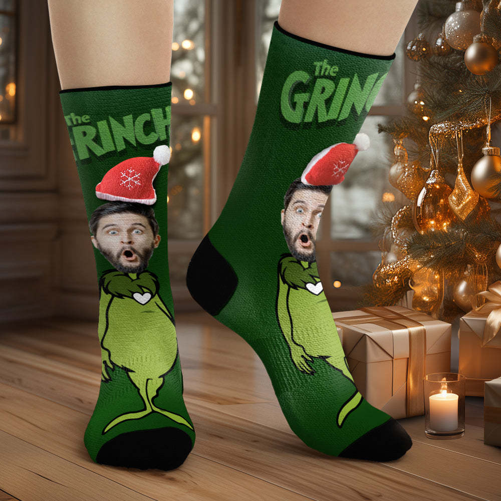 Custom Face Socks Personalized 3D Santa Hat Socks The Grinch - MyFaceSocksAu