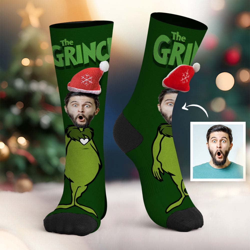 Custom Face Socks Personalized 3D Santa Hat Socks The Grinch - MyFaceSocksAu