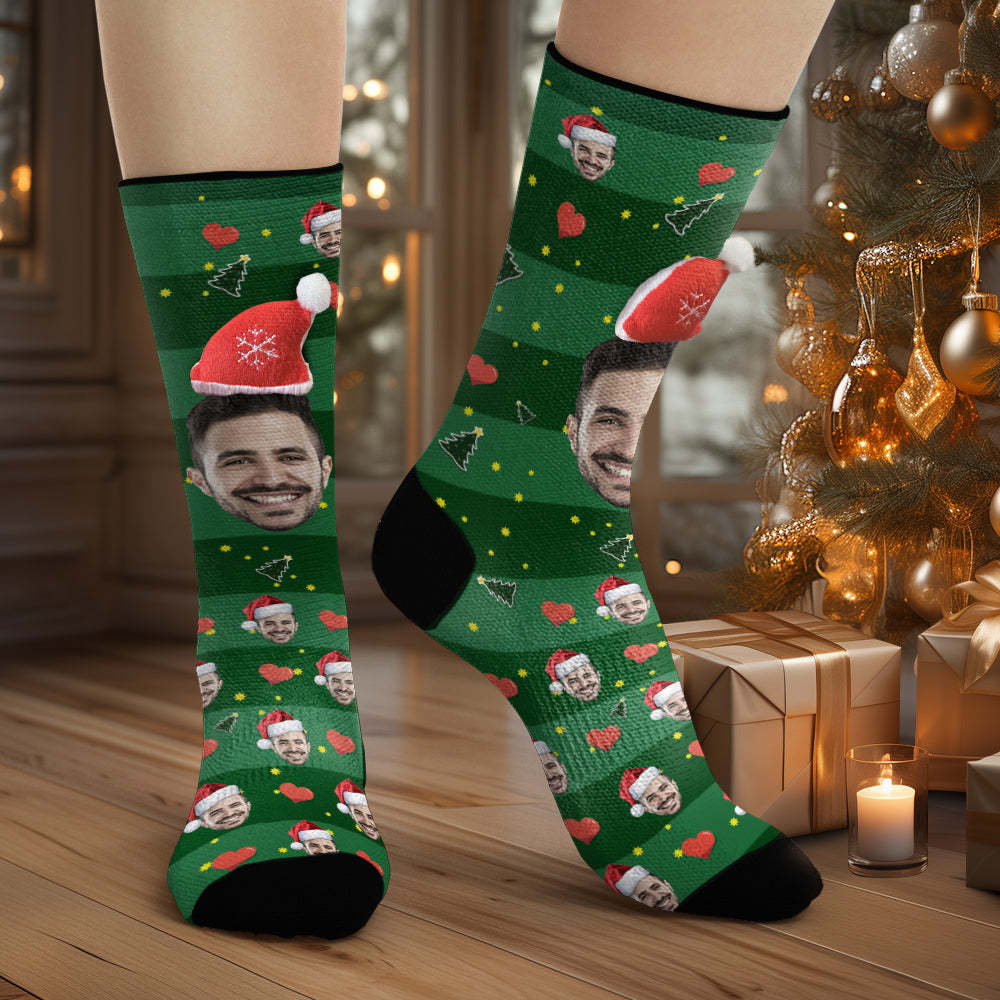 Custom Face Socks Personalized 3D Santa Hat Green Socks Christmas Gifts - MyFaceSocksAu