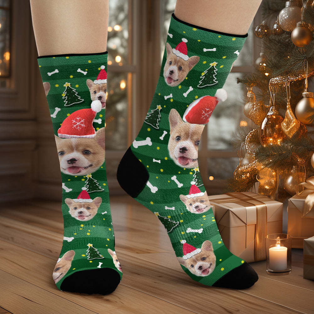 Custom Dog Face Socks Personalized 3D Santa Hat Green Socks Christmas Gifts - MyFaceSocksAu