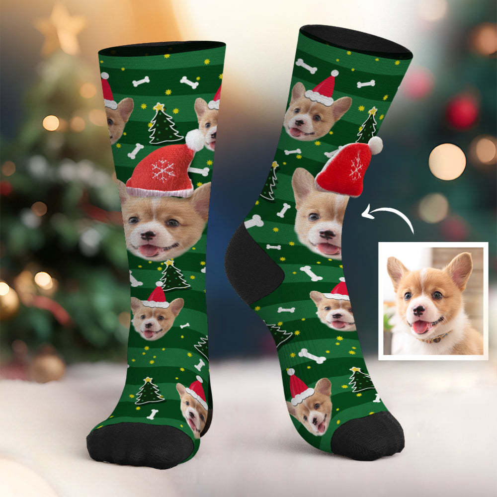 Custom Dog Face Socks Personalized 3D Santa Hat Green Socks Christmas Gifts - MyFaceSocksAu
