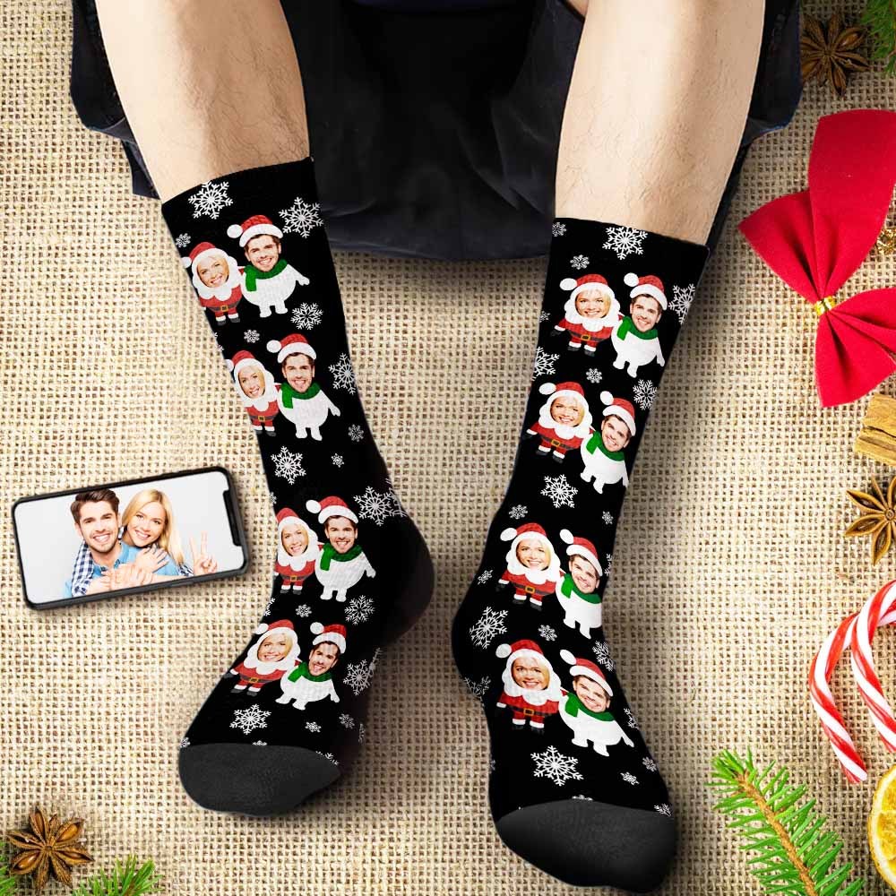 Custom Face Socks Personalized Christmas Shorts With Photo Santa and Snowman - MyFaceSocksAu