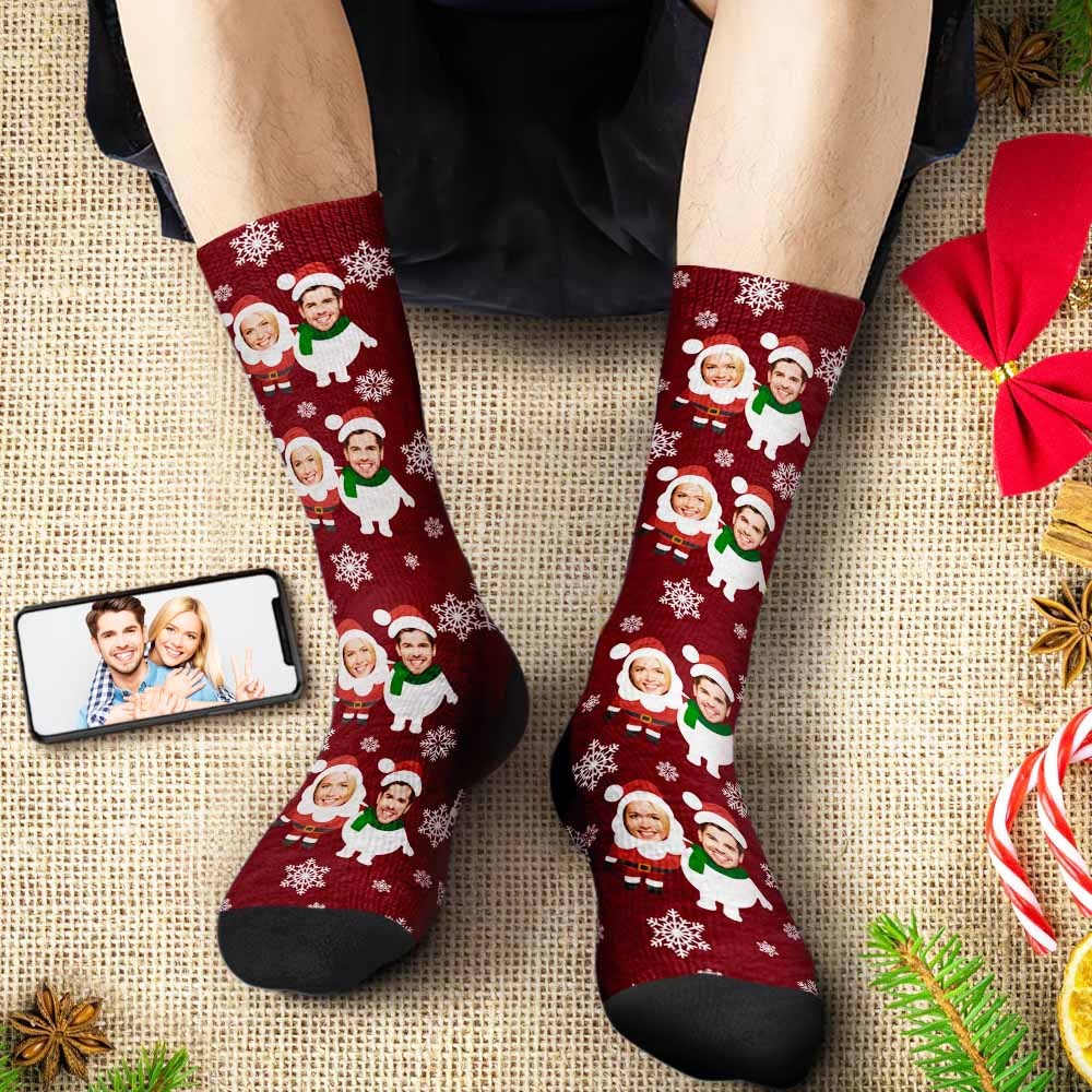 Custom Face Socks Personalized Christmas Shorts With Photo Santa and Snowman - MyFaceSocksAu