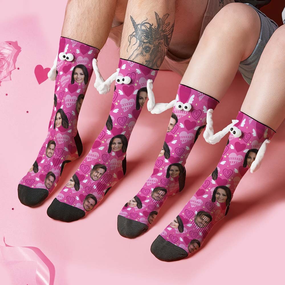 Custom Face Socks Funny Doll Mid Tube Socks Magnetic Holding Hands Socks Pink Heart Valentine's Day Gifts - MyFaceSocksAu