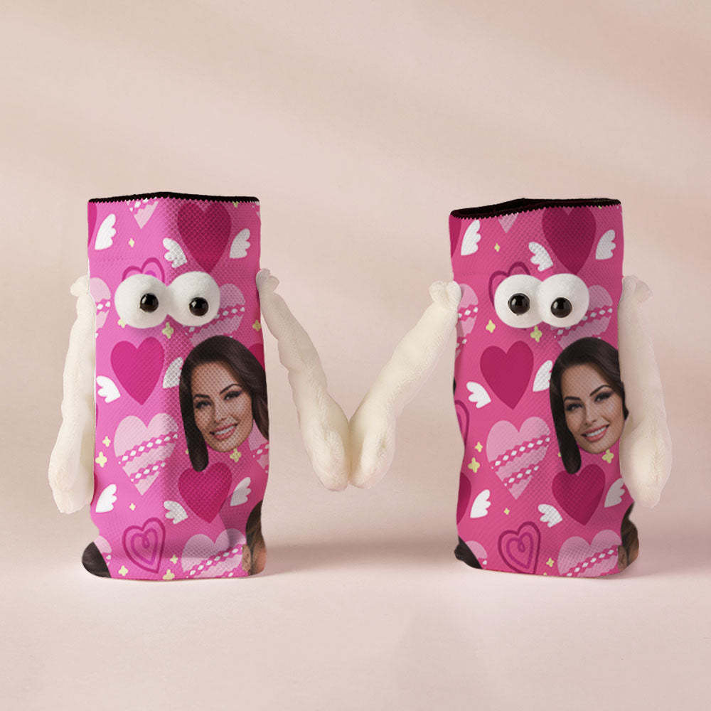 Custom Face Socks Funny Doll Mid Tube Socks Magnetic Holding Hands Socks Pink Heart Valentine's Day Gifts - MyFaceSocksAu