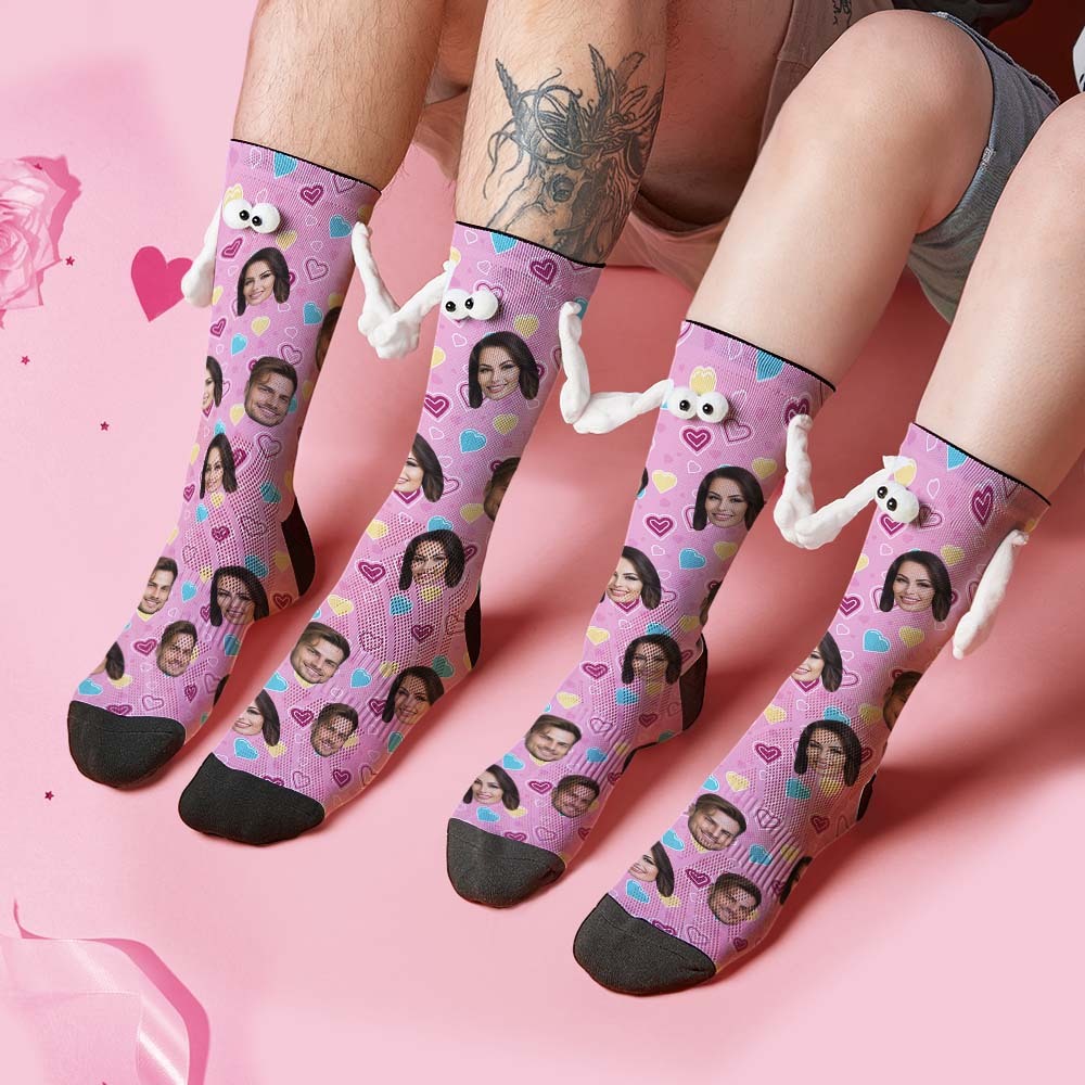 Custom Face Socks Funny Doll Mid Tube Pink Socks Magnetic Holding Hands Socks Valentine's Day Gifts-MyFaceSocksAu