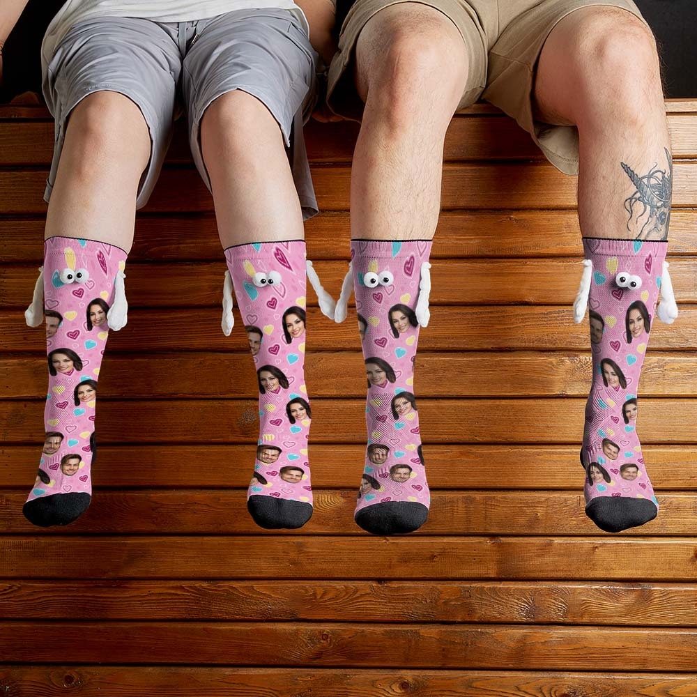 Custom Face Socks Funny Doll Mid Tube Pink Socks Magnetic Holding Hands Socks Valentine's Day Gifts-MyFaceSocksAu