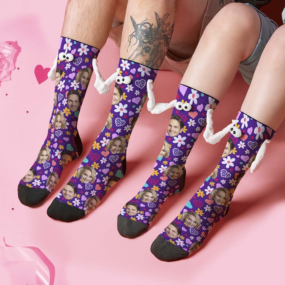 Custom Face Socks Funny Doll Mid Tube Purple Socks Magnetic Holding Hands Socks Little Daisy Valentine's Day Gifts-MyFaceSocksAu