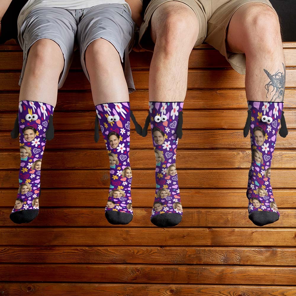 Custom Face Socks Funny Doll Mid Tube Purple Socks Magnetic Holding Hands Socks Little Daisy Valentine's Day Gifts-MyFaceSocksAu