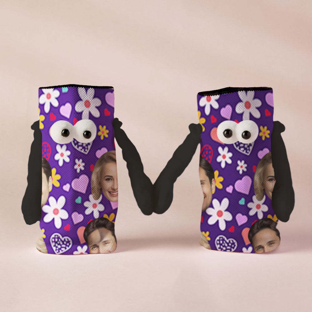 Custom Face Socks Funny Doll Mid Tube Purple Socks Magnetic Holding Hands Socks Little Daisy Valentine's Day Gifts - MyFaceSocksAu