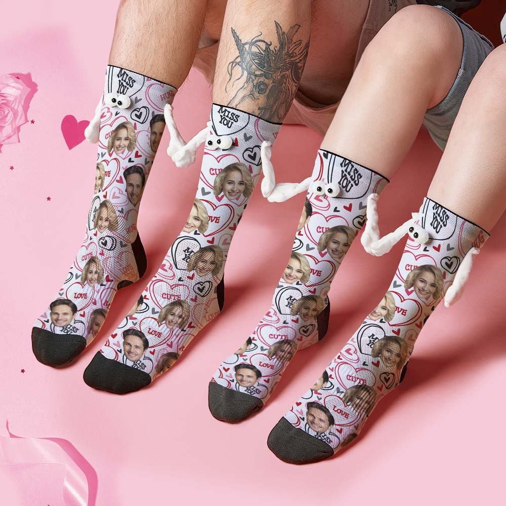 Custom Face Socks Funny Doll Mid Tube Socks Magnetic Holding Hands Socks Miss You Valentine's Day Gifts - MyFaceSocksAu