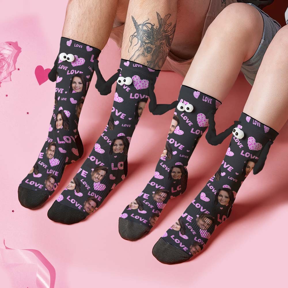 Custom Face Socks Funny Doll Mid Tube Black Socks Magnetic Holding Hands Socks Pink Love Valentine's Day Gifts - MyFaceSocksAu