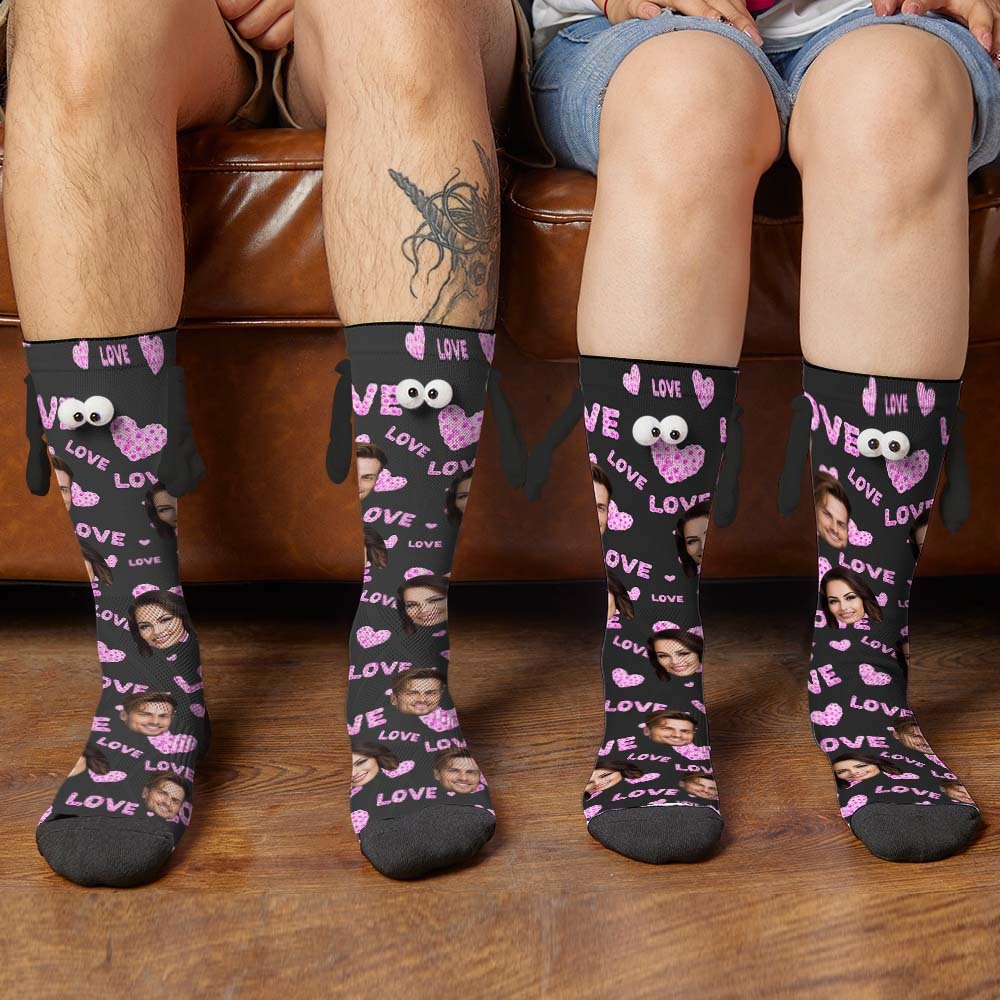 Custom Face Socks Funny Doll Mid Tube Black Socks Magnetic Holding Hands Socks Pink Love Valentine's Day Gifts - MyFaceSocksAu