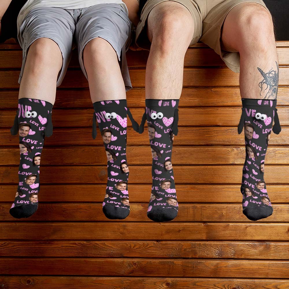 Custom Face Socks Funny Doll Mid Tube Black Socks Magnetic Holding Hands Socks Pink Love Valentine's Day Gifts - MyFaceSocksAu