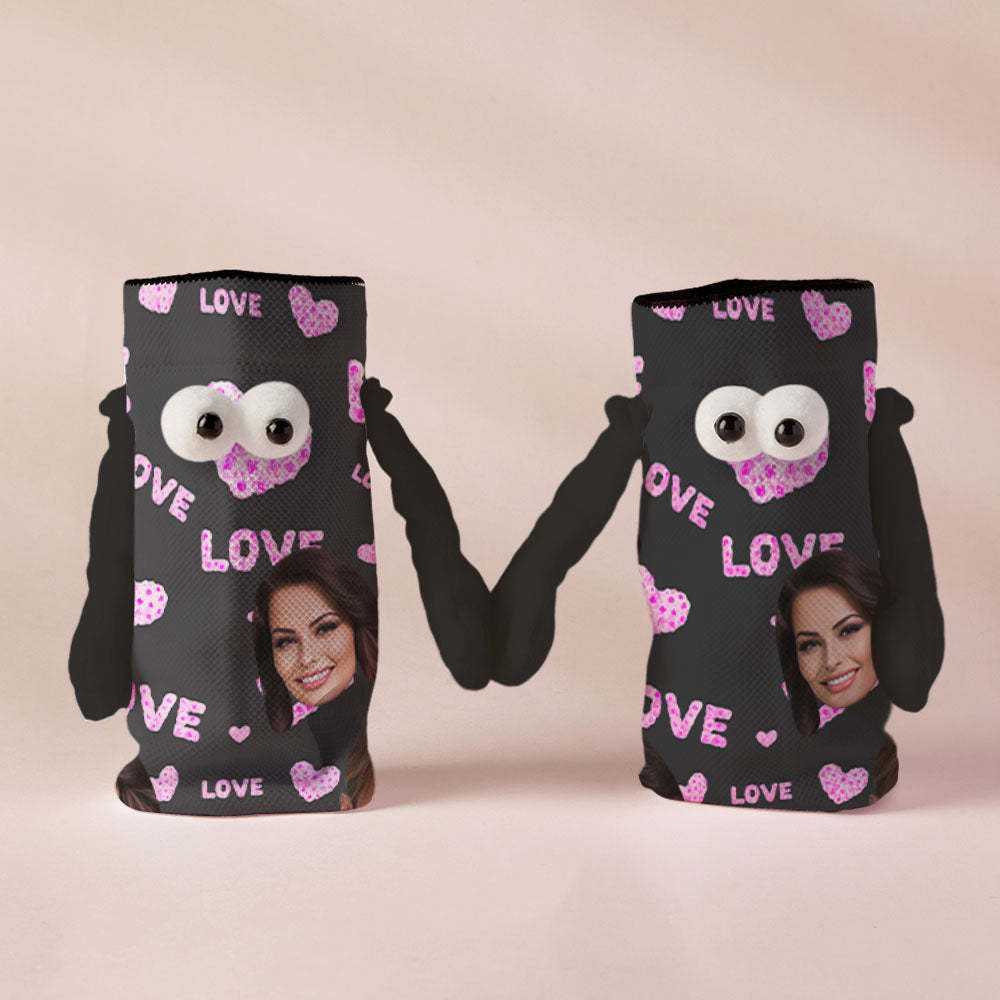 Custom Face Socks Funny Doll Mid Tube Black Socks Magnetic Holding Hands Socks Pink Love Valentine's Day Gifts - MyFaceSocksAu