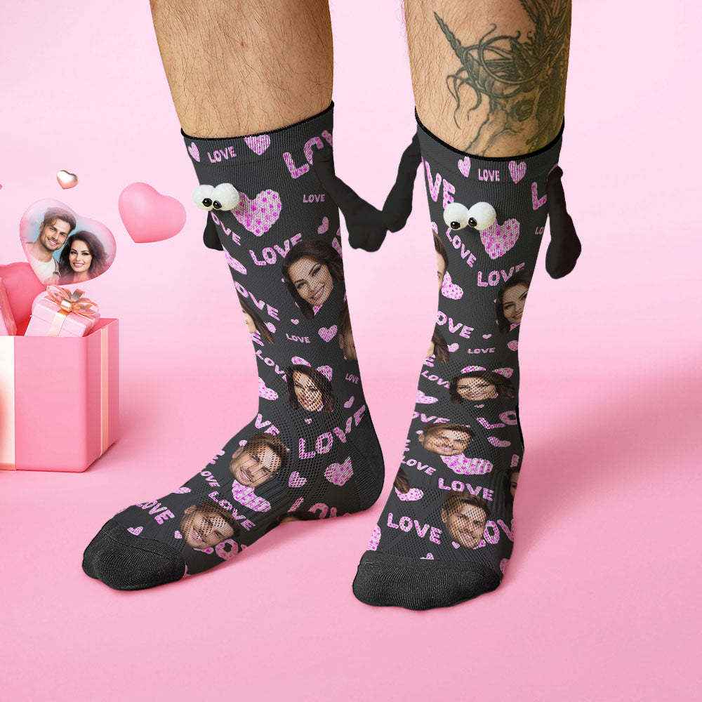 Custom Face Socks Funny Doll Mid Tube Black Socks Magnetic Holding Hands Socks Pink Love Valentine's Day Gifts - MyFaceSocksAu