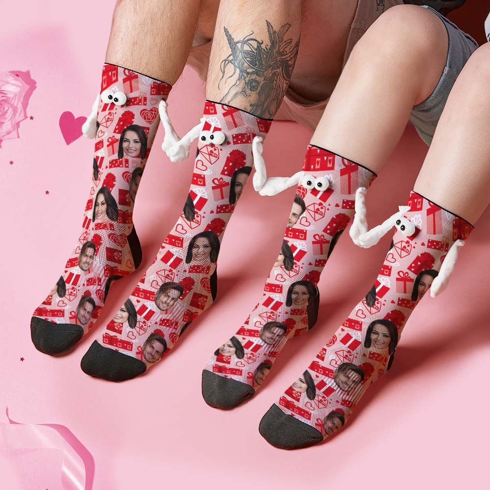 Custom Face Socks Funny Doll Mid Tube Red Socks Magnetic Holding Hands Socks Valentine's Day Gifts - MyFaceSocksAu