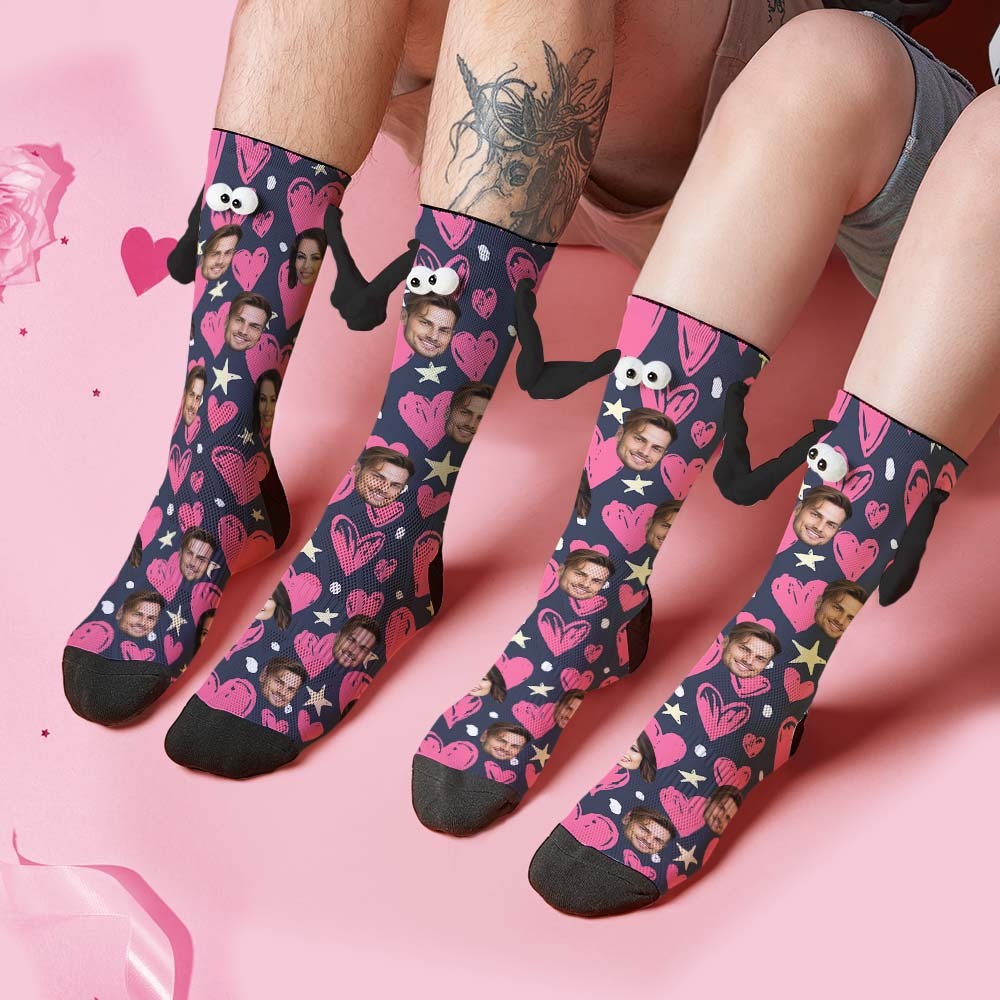 Custom Face Socks Funny Doll Mid Tube Socks Magnetic Holding Hands Socks Happy Valentine's Day - MyFaceSocksAu