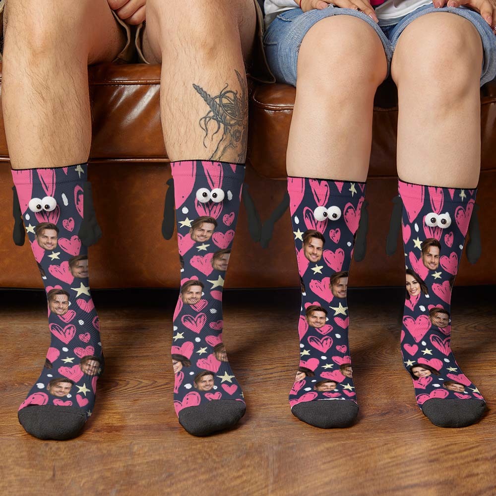 Custom Face Socks Funny Doll Mid Tube Socks Magnetic Holding Hands Socks Happy Valentine's Day - MyFaceSocksAu