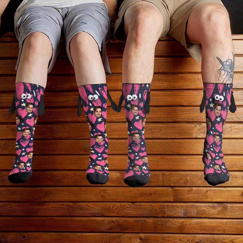 Custom Face Socks Funny Doll Mid Tube Socks Magnetic Holding Hands Socks Happy Valentine's Day - MyFaceSocksAu