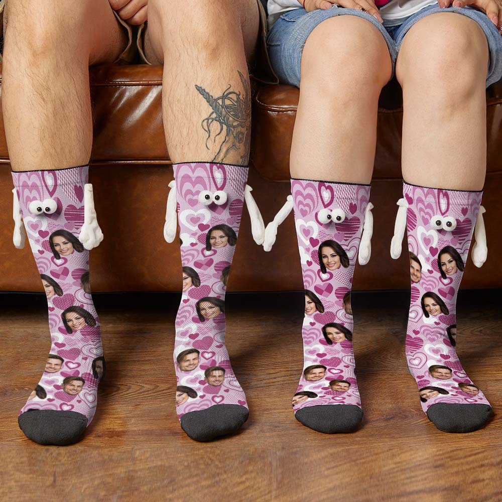 Custom Face Socks Funny Doll Mid Tube Socks Magnetic Holding Hands Socks Purple Heart Valentine's Day Gifts - MyFaceSocksAu