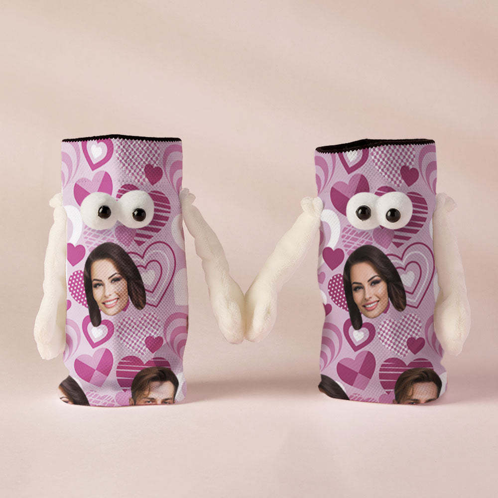 Custom Face Socks Funny Doll Mid Tube Socks Magnetic Holding Hands Socks Purple Heart Valentine's Day Gifts - MyFaceSocksAu