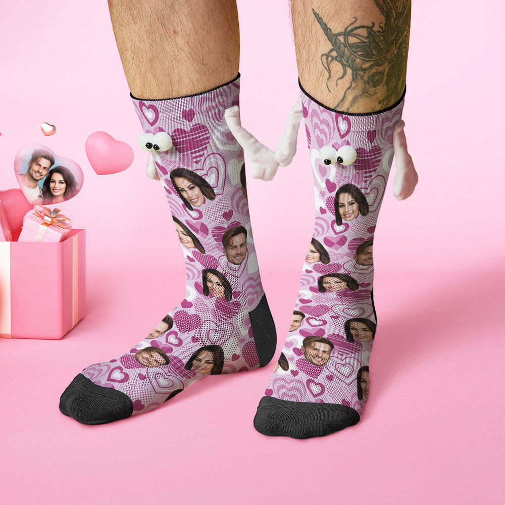 Custom Face Socks Funny Doll Mid Tube Socks Magnetic Holding Hands Socks Purple Heart Valentine's Day Gifts - MyFaceSocksAu
