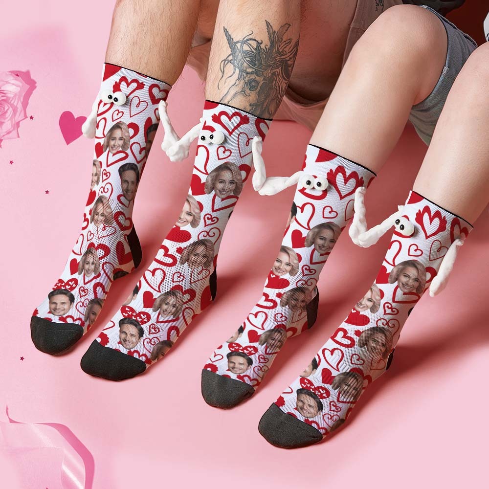 Custom Face Socks Funny Doll Mid Tube Socks Magnetic Holding Hands Socks Red Heart Valentine's Day Gifts-MyFaceSocksAu