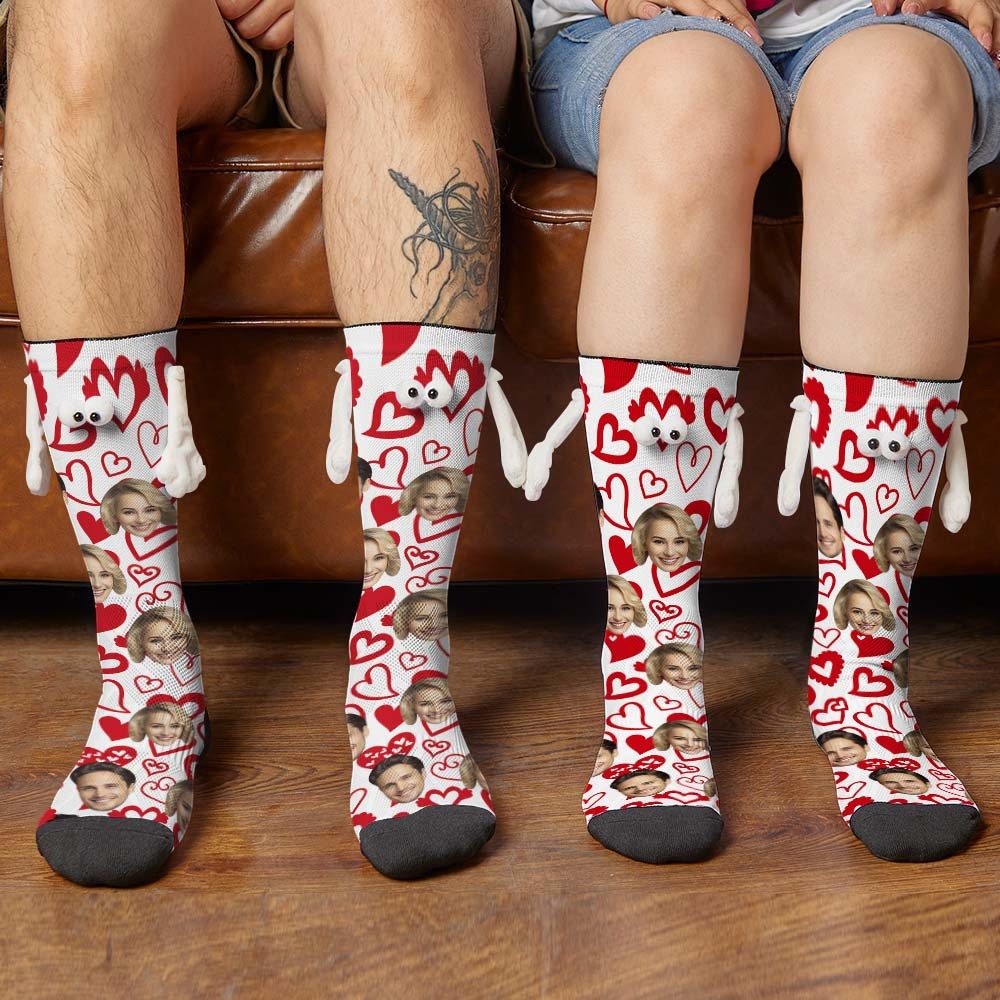 Custom Face Socks Funny Doll Mid Tube Socks Magnetic Holding Hands Socks Red Heart Valentine's Day Gifts-MyFaceSocksAu