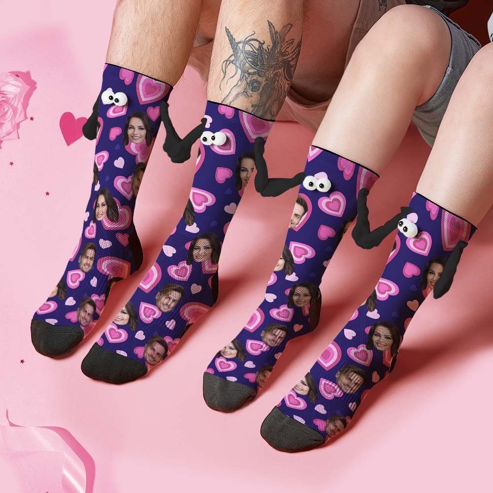Custom Face Socks Funny Doll Mid Tube Purple Socks Magnetic Holding Hands Socks Pink Heart Valentine's Day Gifts - MyFaceSocksAu