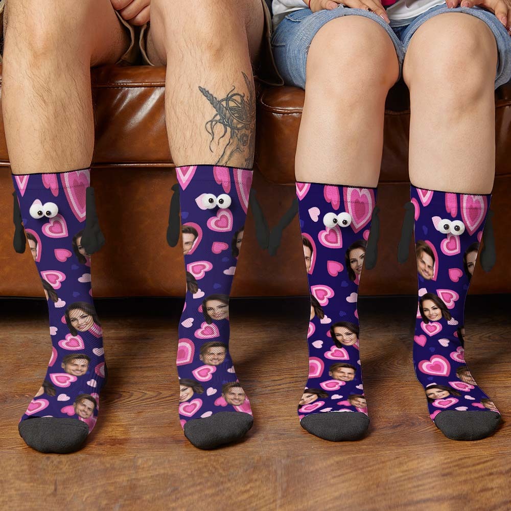 Custom Face Socks Funny Doll Mid Tube Purple Socks Magnetic Holding Hands Socks Pink Heart Valentine's Day Gifts - MyFaceSocksAu