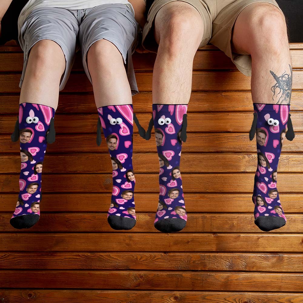 Custom Face Socks Funny Doll Mid Tube Purple Socks Magnetic Holding Hands Socks Pink Heart Valentine's Day Gifts - MyFaceSocksAu