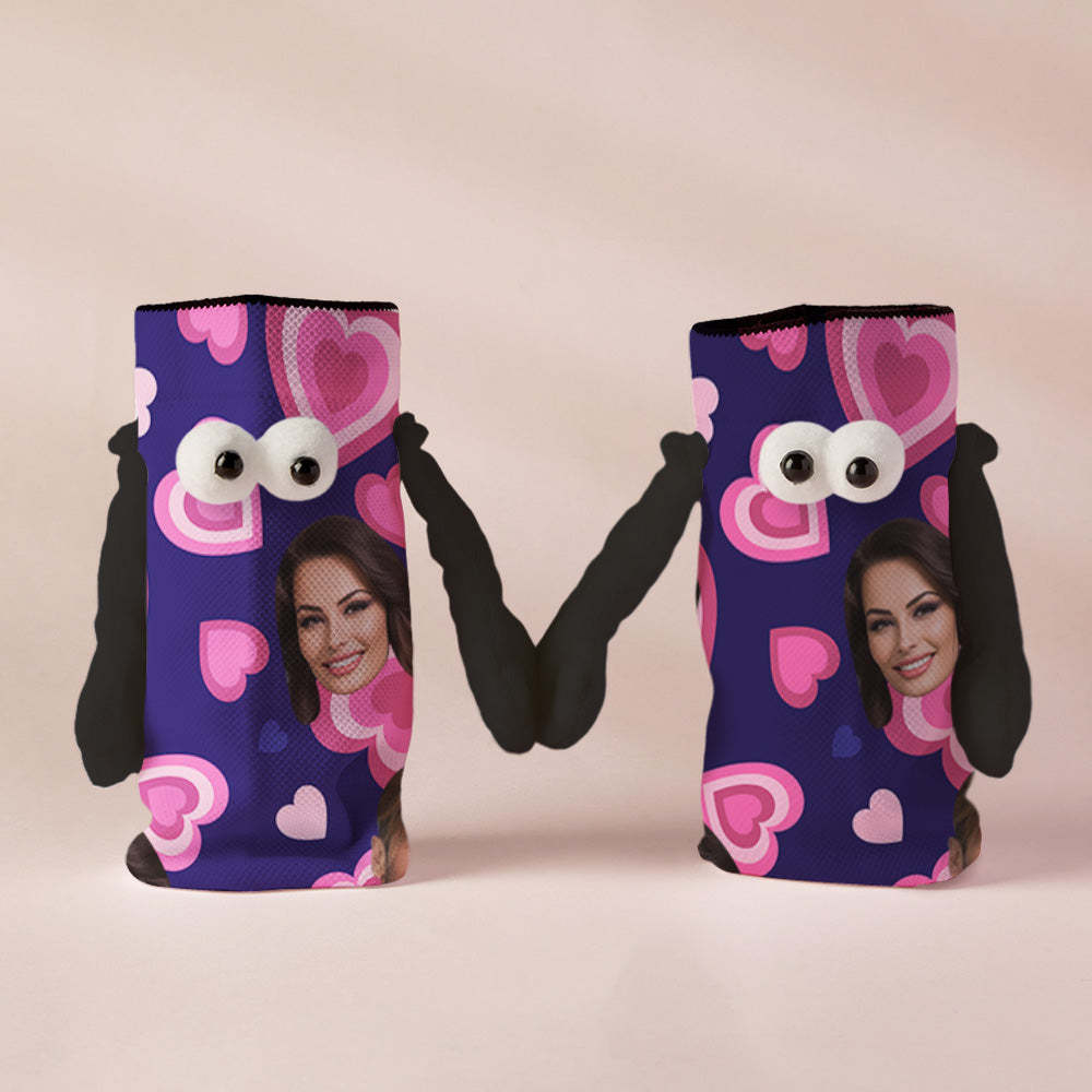 Custom Face Socks Funny Doll Mid Tube Purple Socks Magnetic Holding Hands Socks Pink Heart Valentine's Day Gifts - MyFaceSocksAu